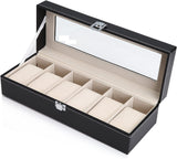 Desk Accessories: Black PU Leather Watch Organizer Display Storage Box Cases for Men & Women (6 slots)
