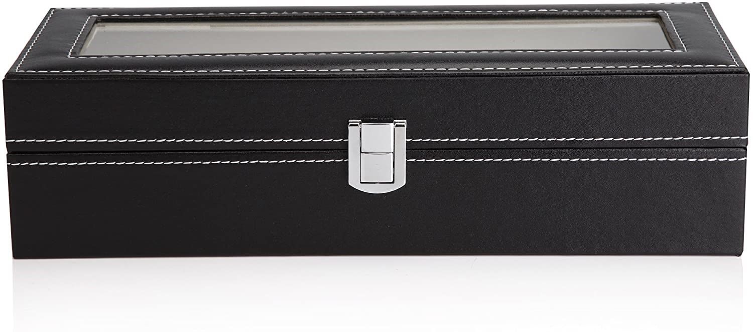 Desk Accessories: Black PU Leather Watch Organizer Display Storage Box Cases for Men & Women (6 slots)