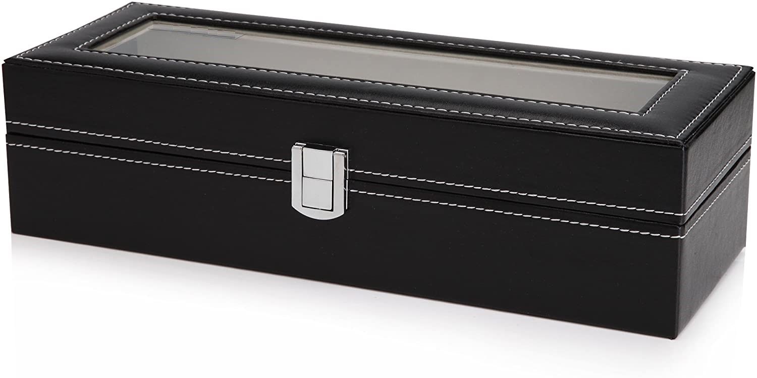Desk Accessories: Black PU Leather Watch Organizer Display Storage Box Cases for Men & Women (6 slots)