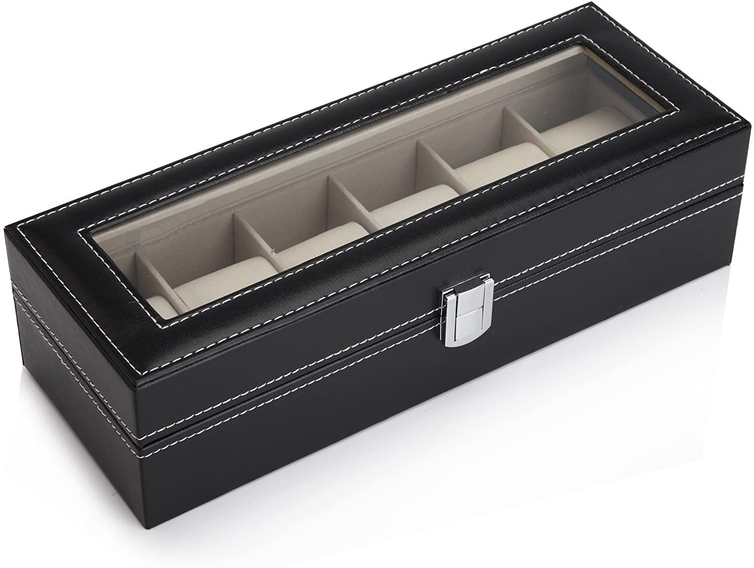 Desk Accessories: Black PU Leather Watch Organizer Display Storage Box Cases for Men & Women (6 slots)