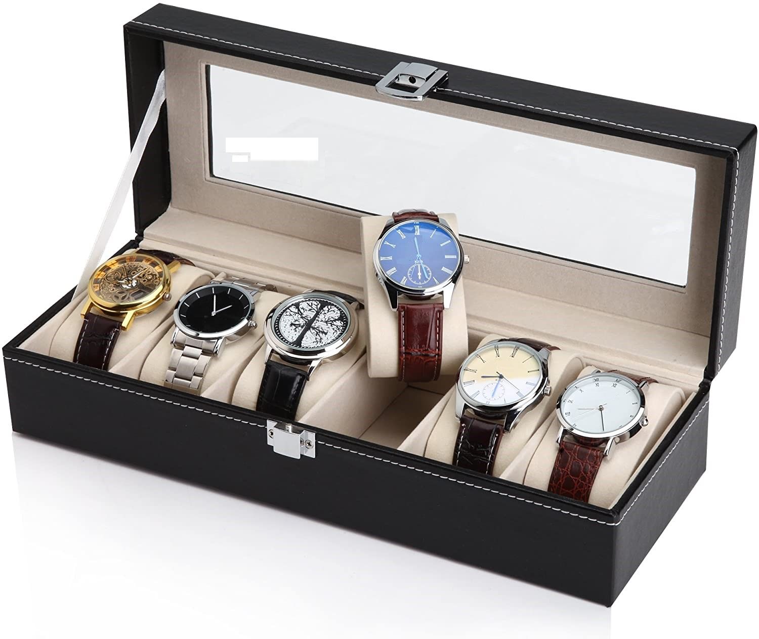 Desk Accessories: Black PU Leather Watch Organizer Display Storage Box Cases for Men & Women (6 slots)