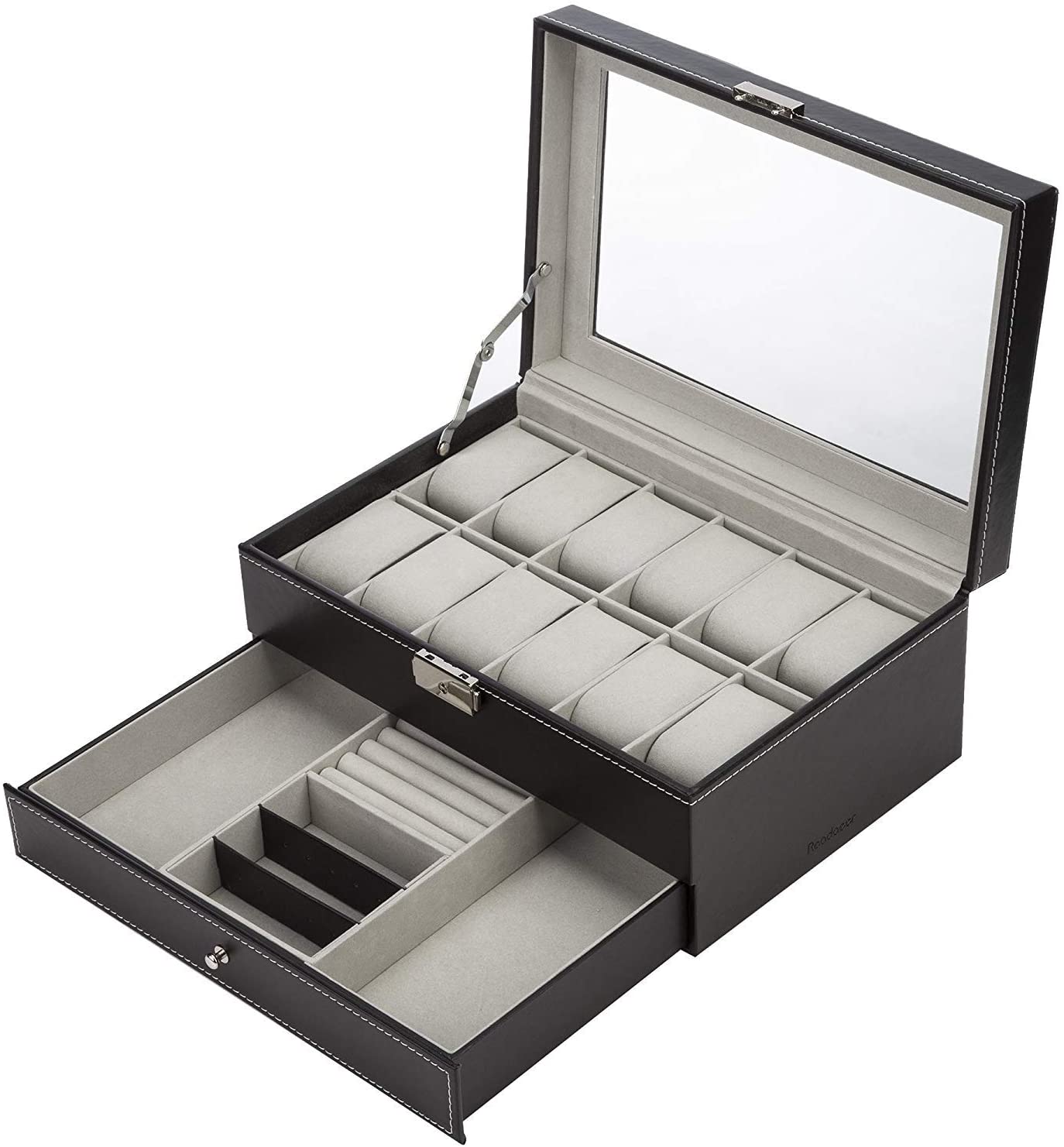 Makeup Organisation & Storage: Black Leather Watch Box Jewelry Display Case with Drawers (12 Slots with 2 Layers)
