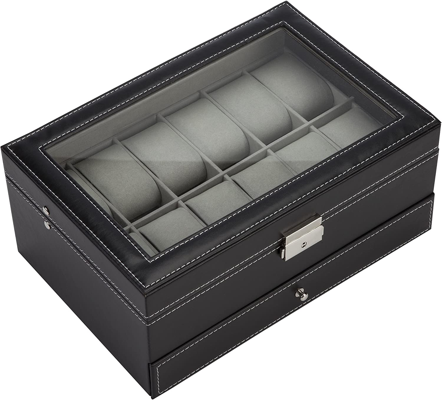 Makeup Organisation & Storage: Black Leather Watch Box Jewelry Display Case with Drawers (12 Slots with 2 Layers)