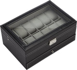 Makeup Organisation & Storage: Black Leather Watch Box Jewelry Display Case with Drawers (12 Slots with 2 Layers)