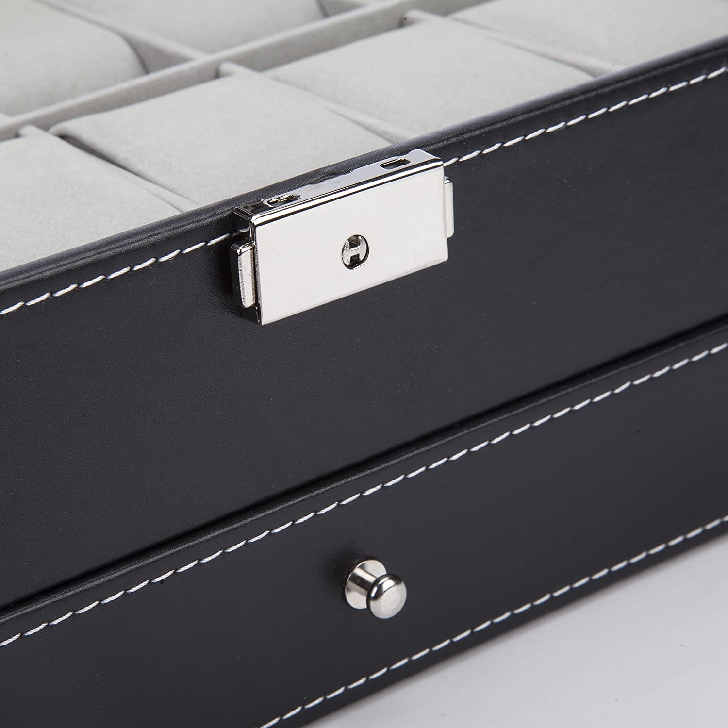 Makeup Organisation & Storage: Black Leather Watch Box Jewelry Display Case with Drawers (12 Slots with 2 Layers)