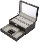 Makeup Organisation & Storage: Black Leather Watch Box Jewelry Display Case with Drawers (12 Slots with 2 Layers)