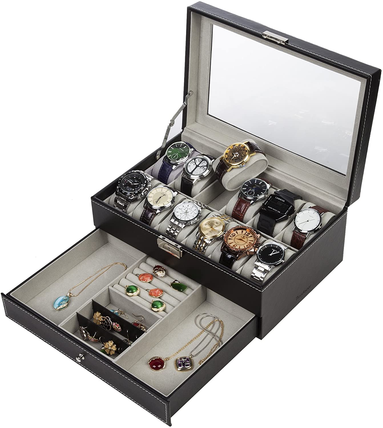 Makeup Organisation & Storage: Black Leather Watch Box Jewelry Display Case with Drawers (12 Slots with 2 Layers)