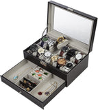 Makeup Organisation & Storage: Black Leather Watch Box Jewelry Display Case with Drawers (12 Slots with 2 Layers)