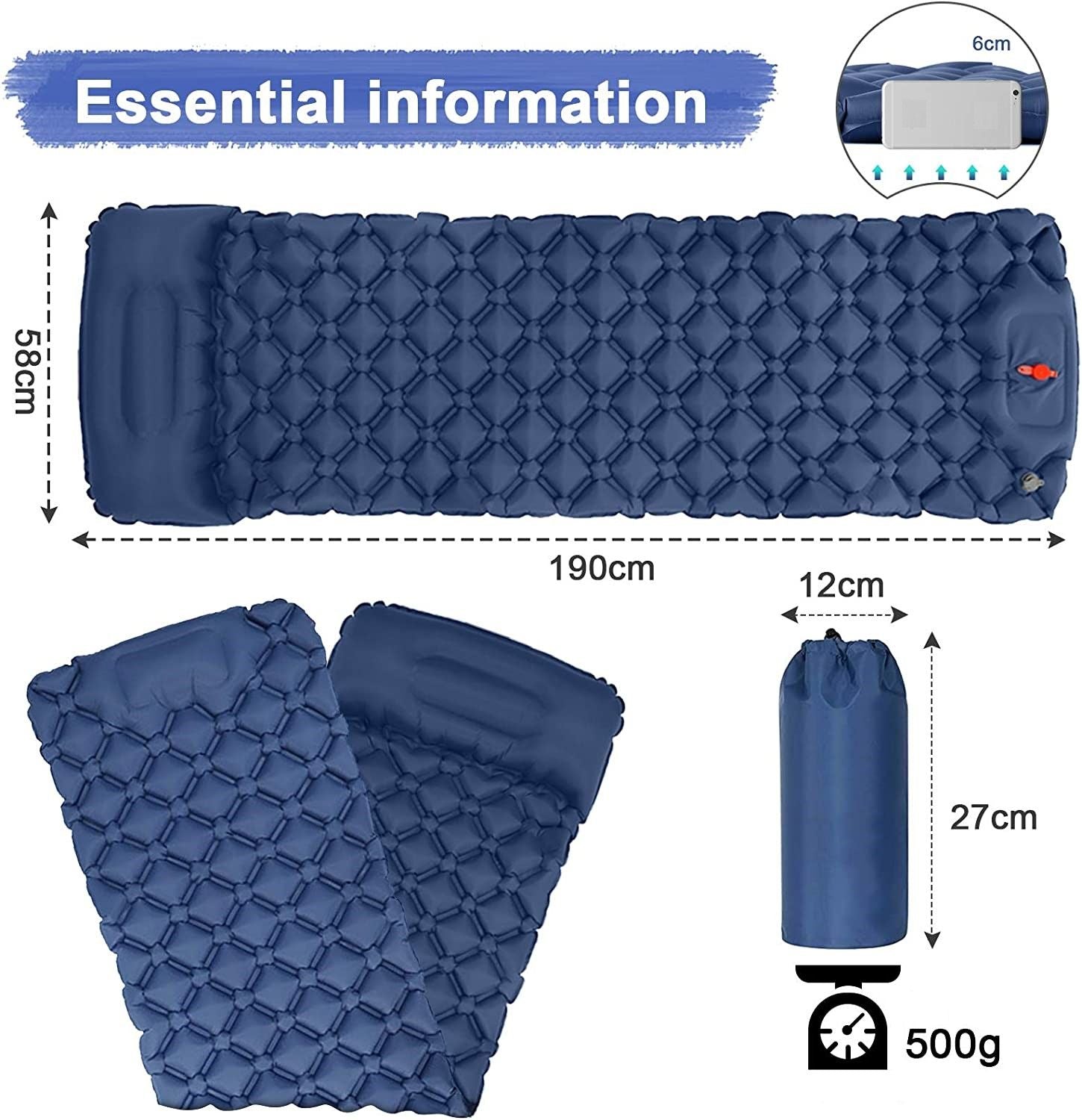 Inflatable Mattresses: Ultralight Inflatable Camping Sleeping Pad with Pillow for Travelling and Hiking