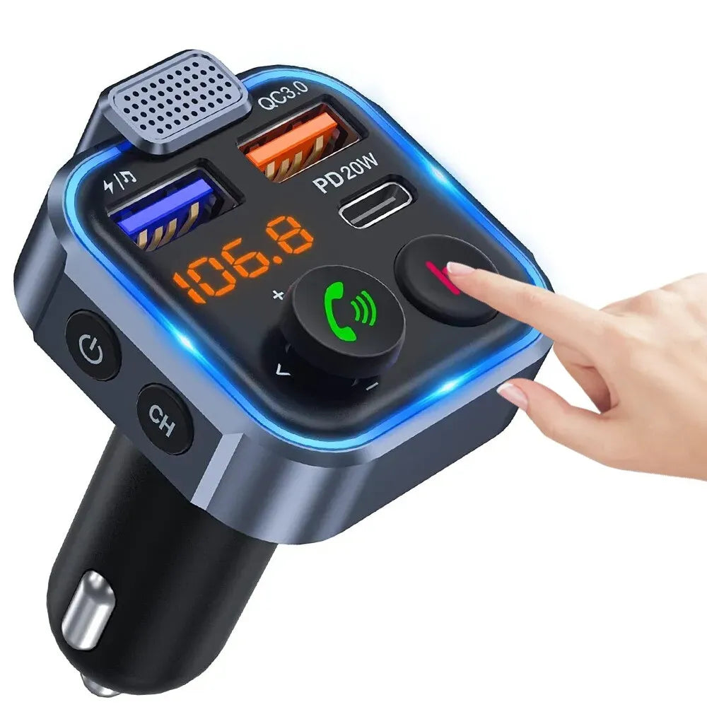 Bluetooth 5.0 FM Transmitter Car Adapter with PD 20W Fast Charger and Dual USB Ports in Black