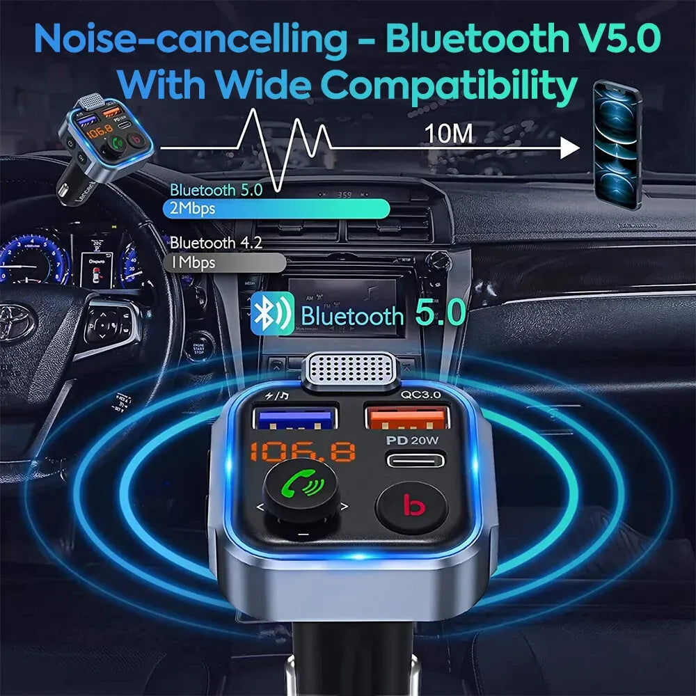 Bluetooth 5.0 FM Transmitter Car Adapter with PD 20W Fast Charger and Dual USB Ports in Black