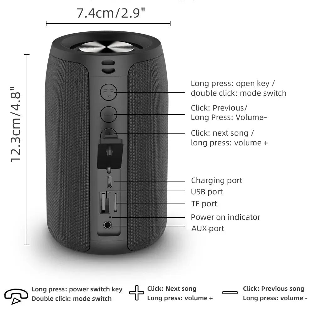 Waterproof Portable Bluetooth 5.0 Wireless Speaker in Black with 2000mAh Battery