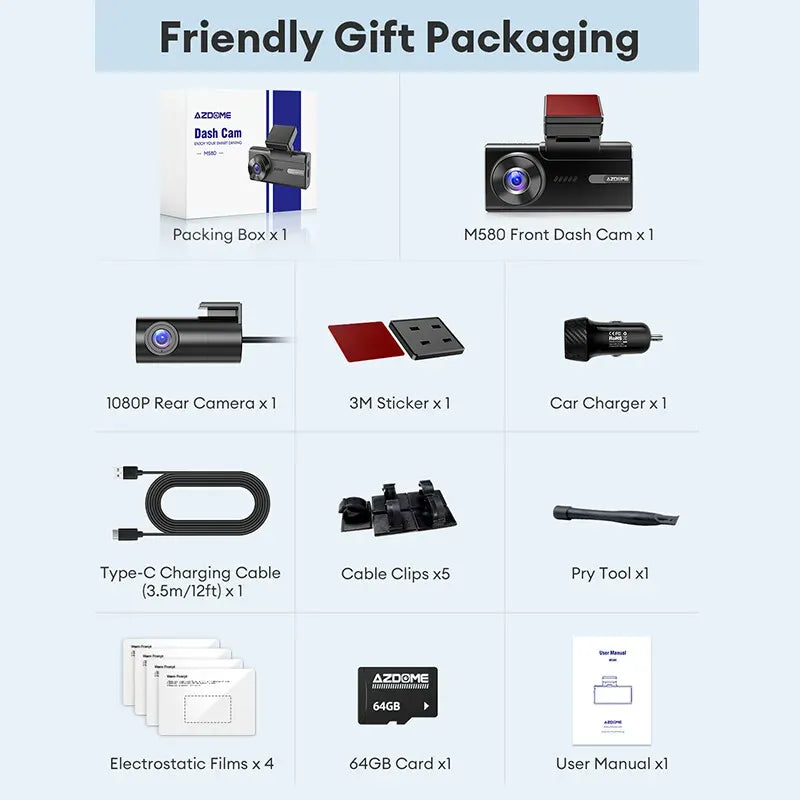 5K Dash Cam with 4" Screen, 5GHz WiFi, GPS, 128GB Card, and Hardware Kit