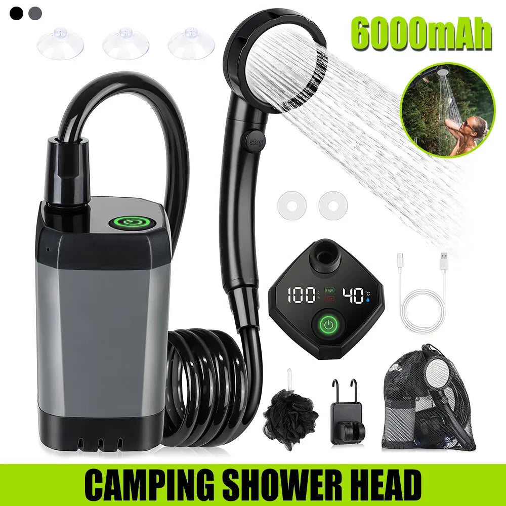 Portable Camping Shower, 6000mAh Rechargeable Grey Shower Pump with LED Display