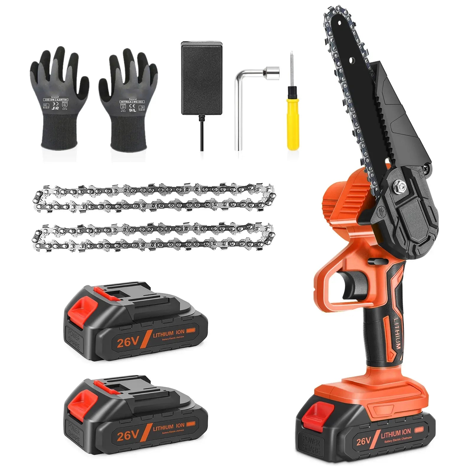 6" Mini Cordless Electric Chainsaw in Black and Orange with 2 Batteries