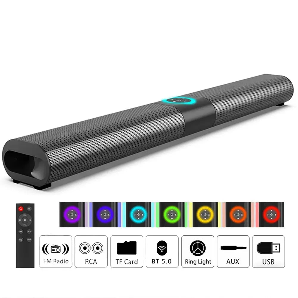 Wireless Bluetooth 5.0 Black Sound Bar Speaker with RGB Light, 538x73x48mm