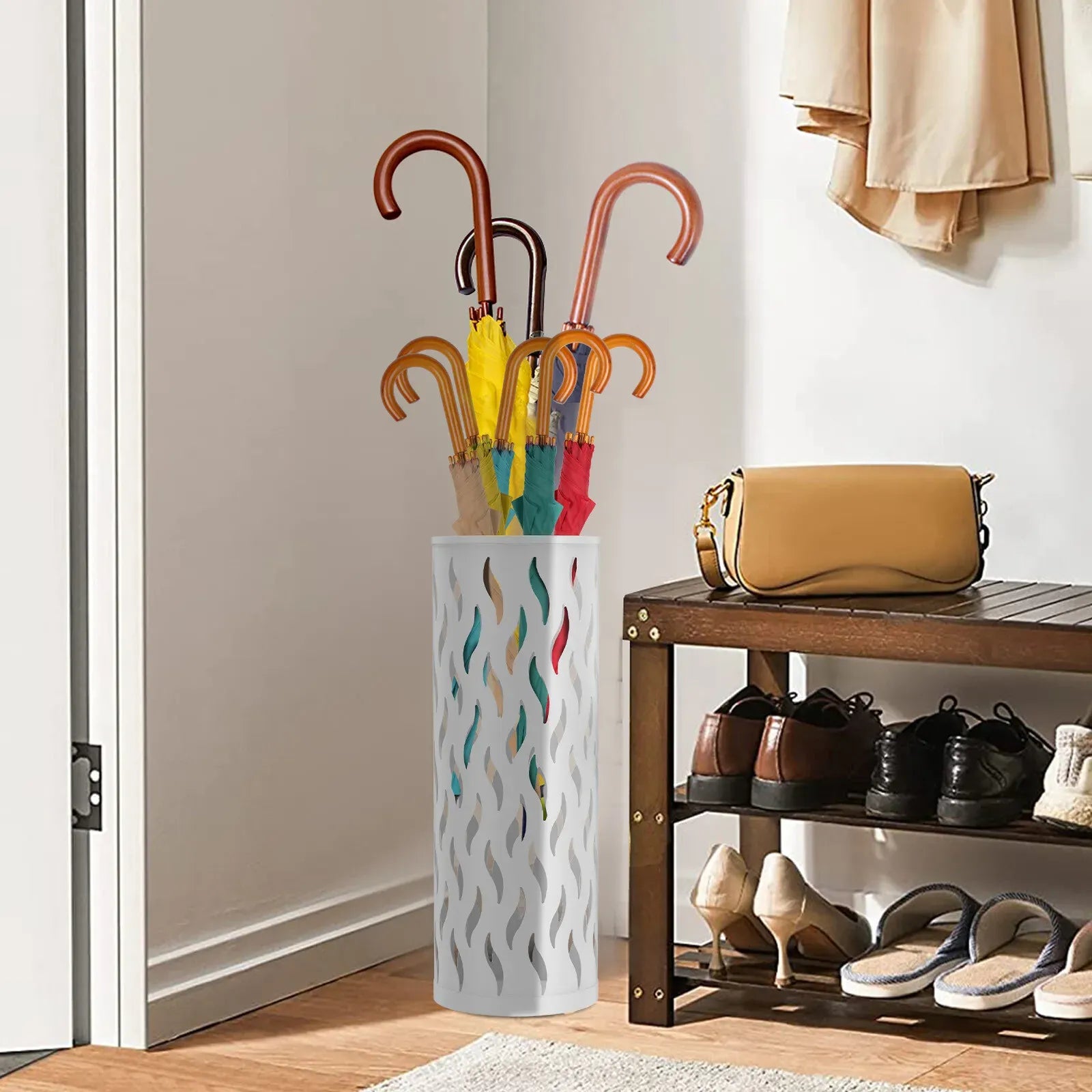 Metal Umbrella Stand in White, 15x15x42cm, Holds 4-6 Long Umbrellas