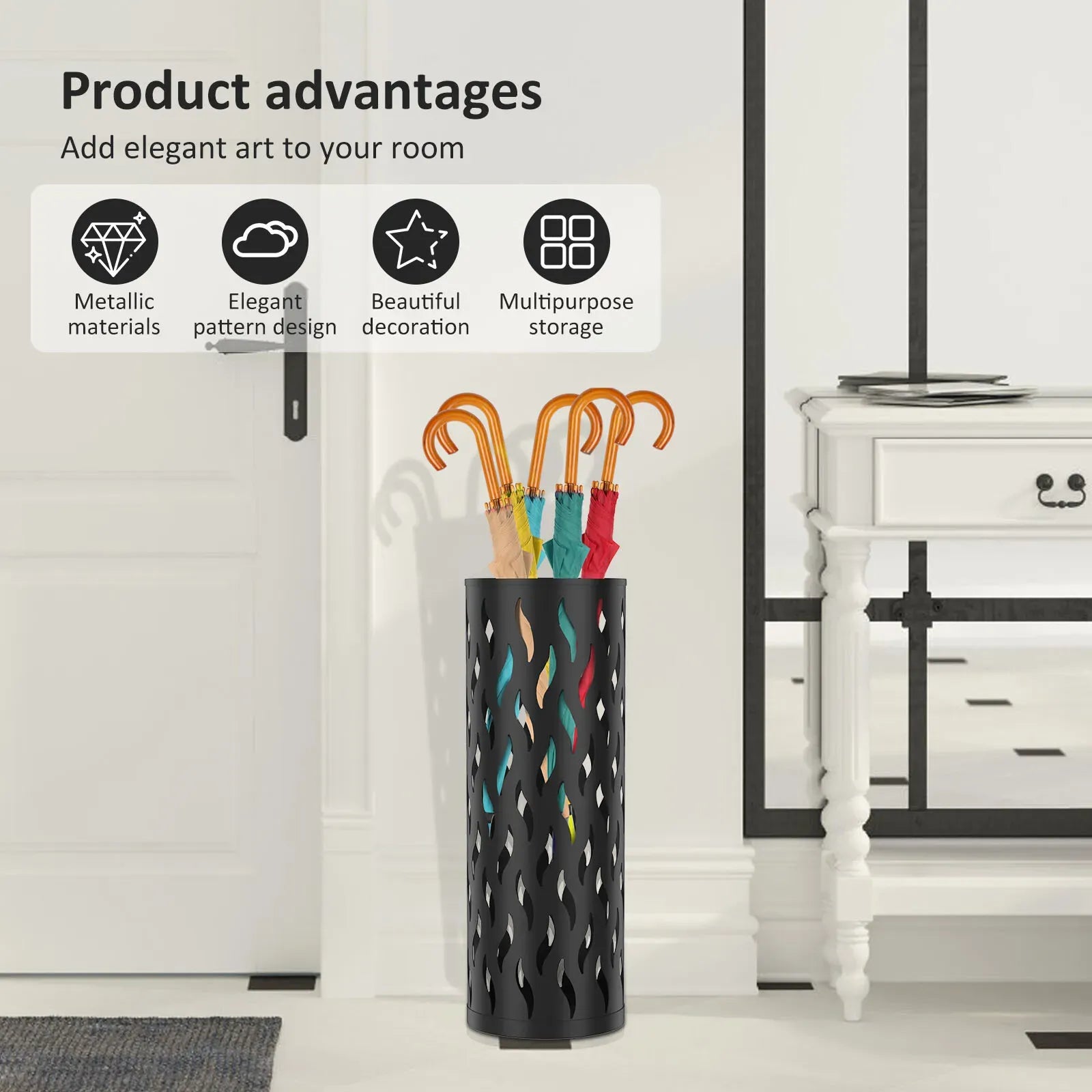 Metal Umbrella Stand in White, 15x15x42cm, Holds 4-6 Long Umbrellas