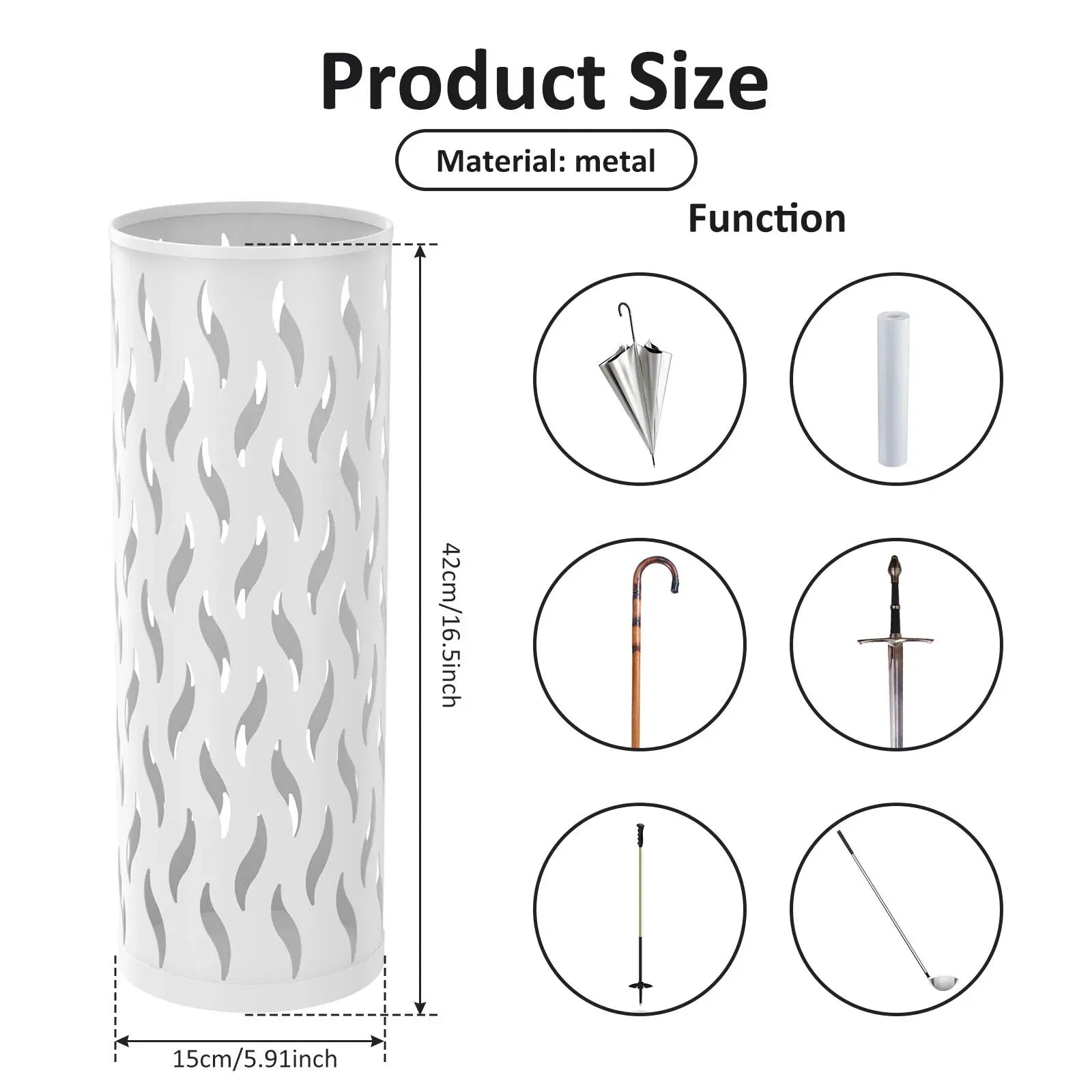 Metal Umbrella Stand in White, 15x15x42cm, Holds 4-6 Long Umbrellas