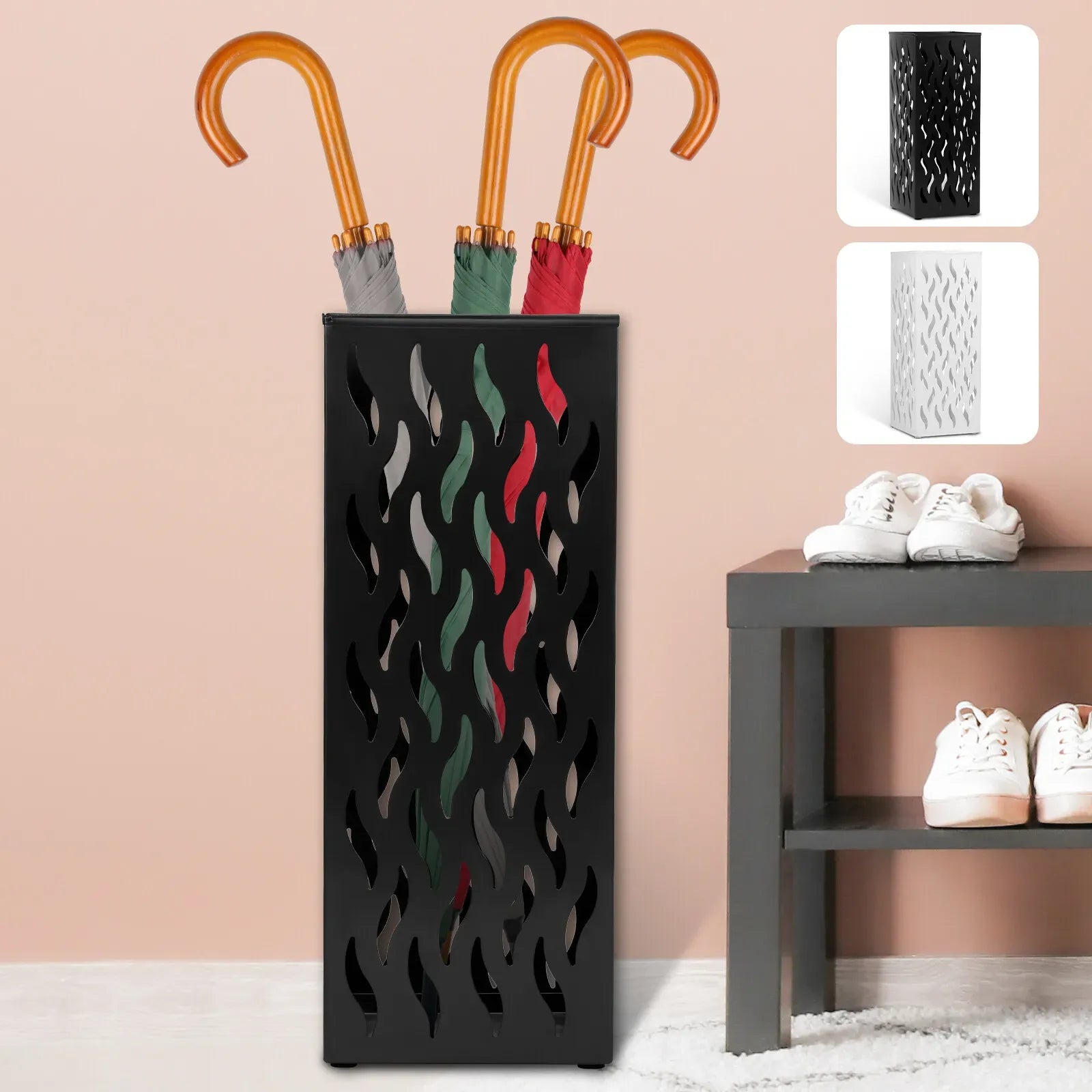 Rectangular Black Metal Umbrella Stand Holder - Space-Saving Design, 16.5x16.5x42cm