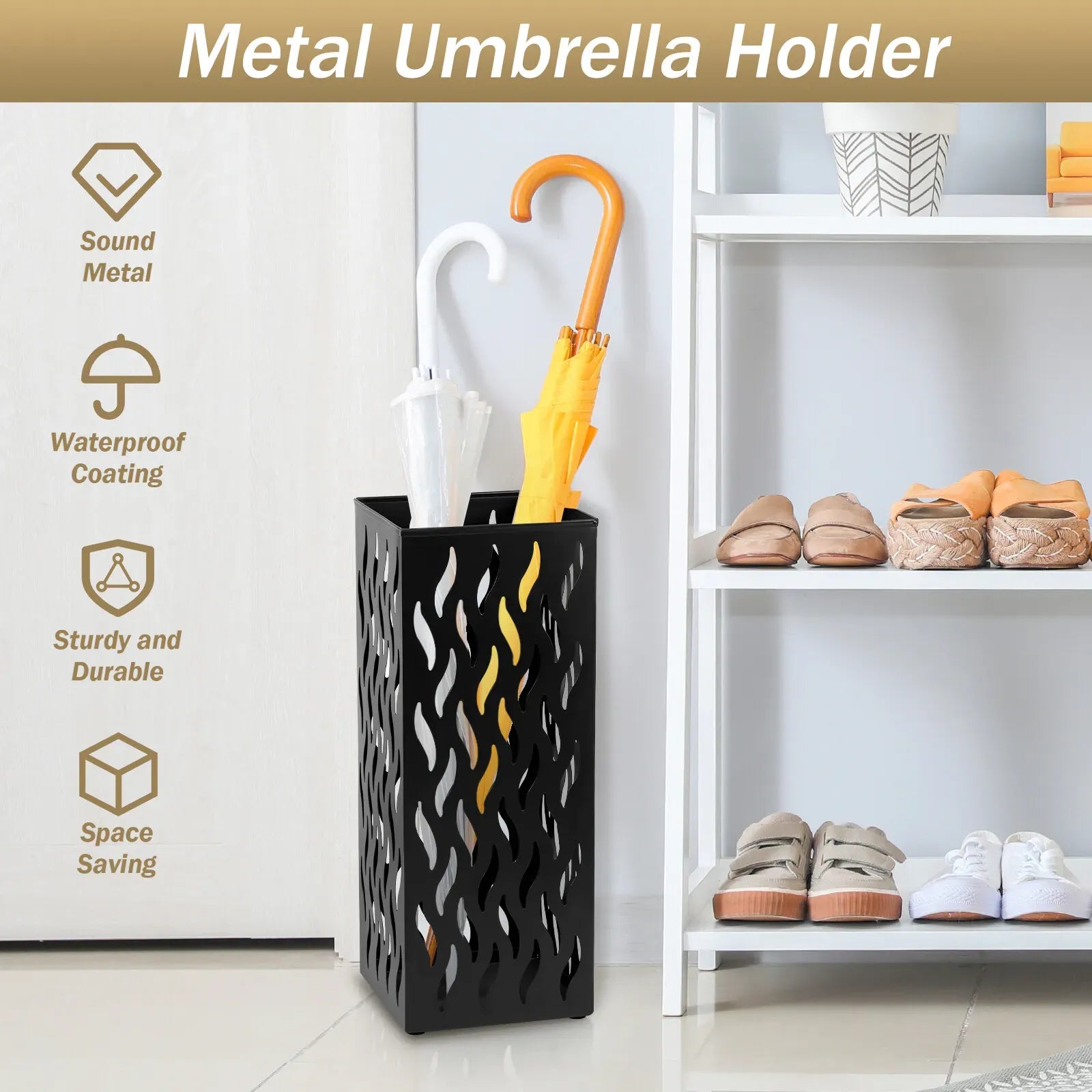 Metal Umbrella Stand Rack in White - Rectangular Design, Holds 4-8 Umbrellas, 16.5x16.5x42cm