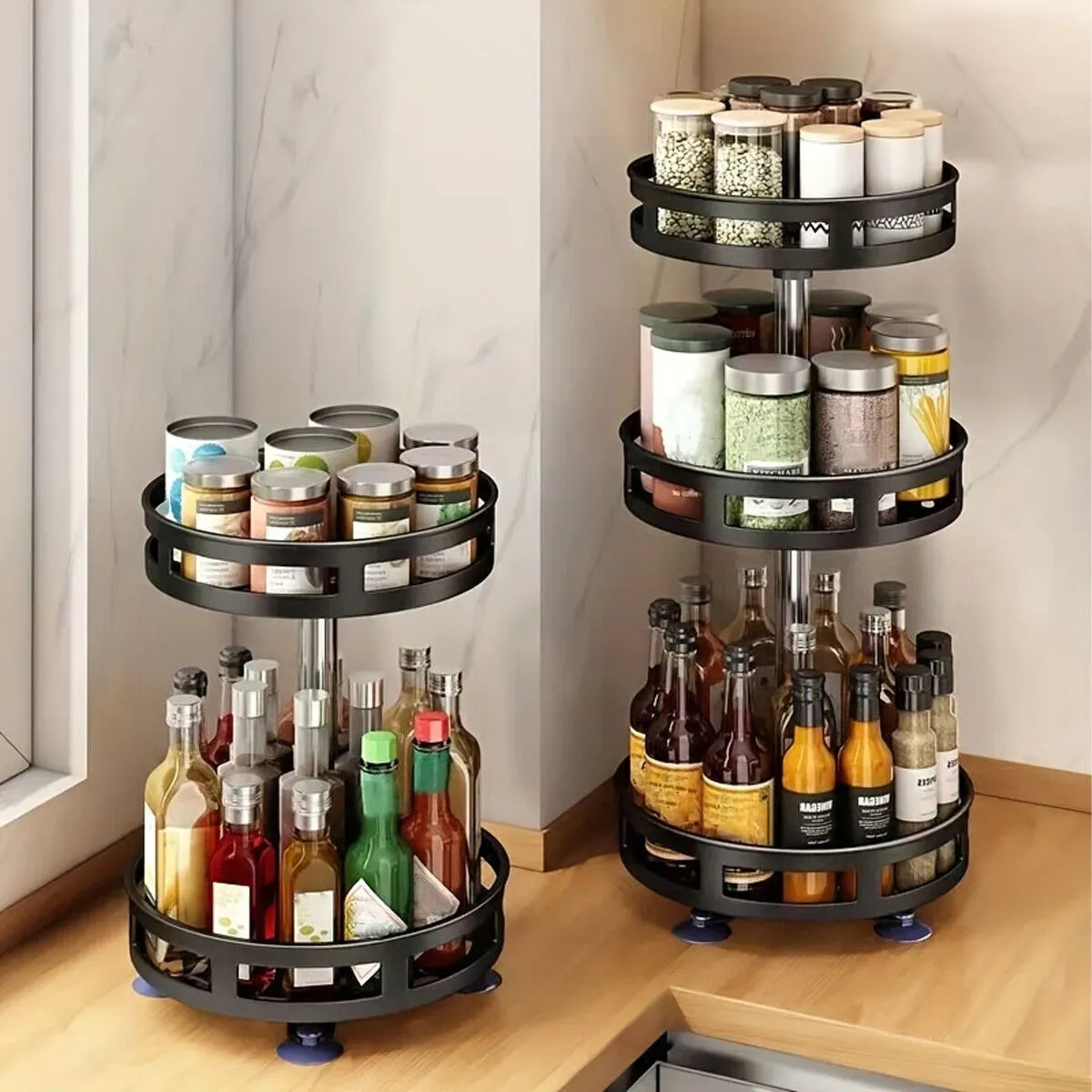 Black Triple Layer Rotating Spice Rack Countertop Organizer with 360° Rotation