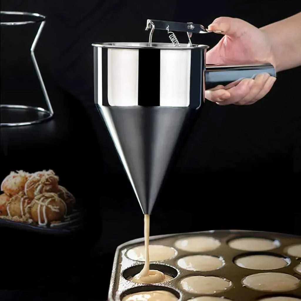 Stainless Steel Funnel Dispenser for Donuts, Cupcakes, and Pancakes - 21cm Height, Silver