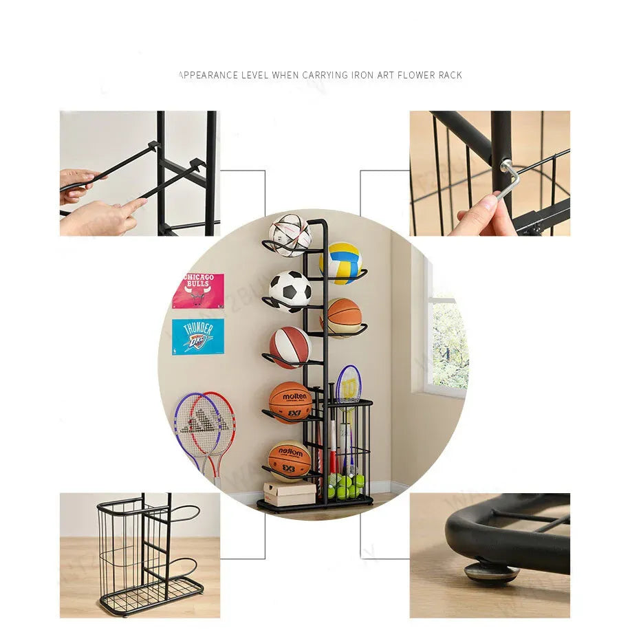 Black Ball Storage Rack for Football, Basketball, Soccer, and Volleyball - 58x23.5x146cm