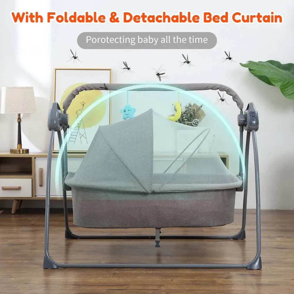 Electric Bassinet Crib Grey Baby Cradle with Lullabies and Remote Control