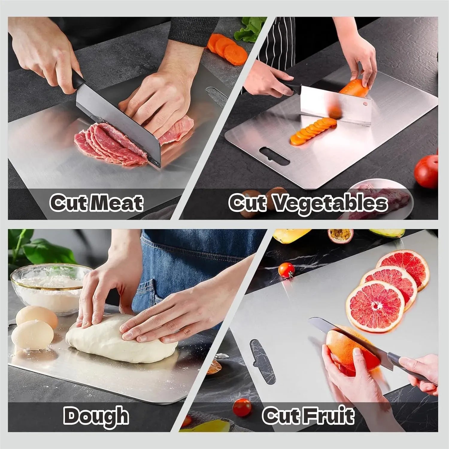 Double-Sided Titanium Cutting Board in Silver, 39x28cm for Kitchen and Camping