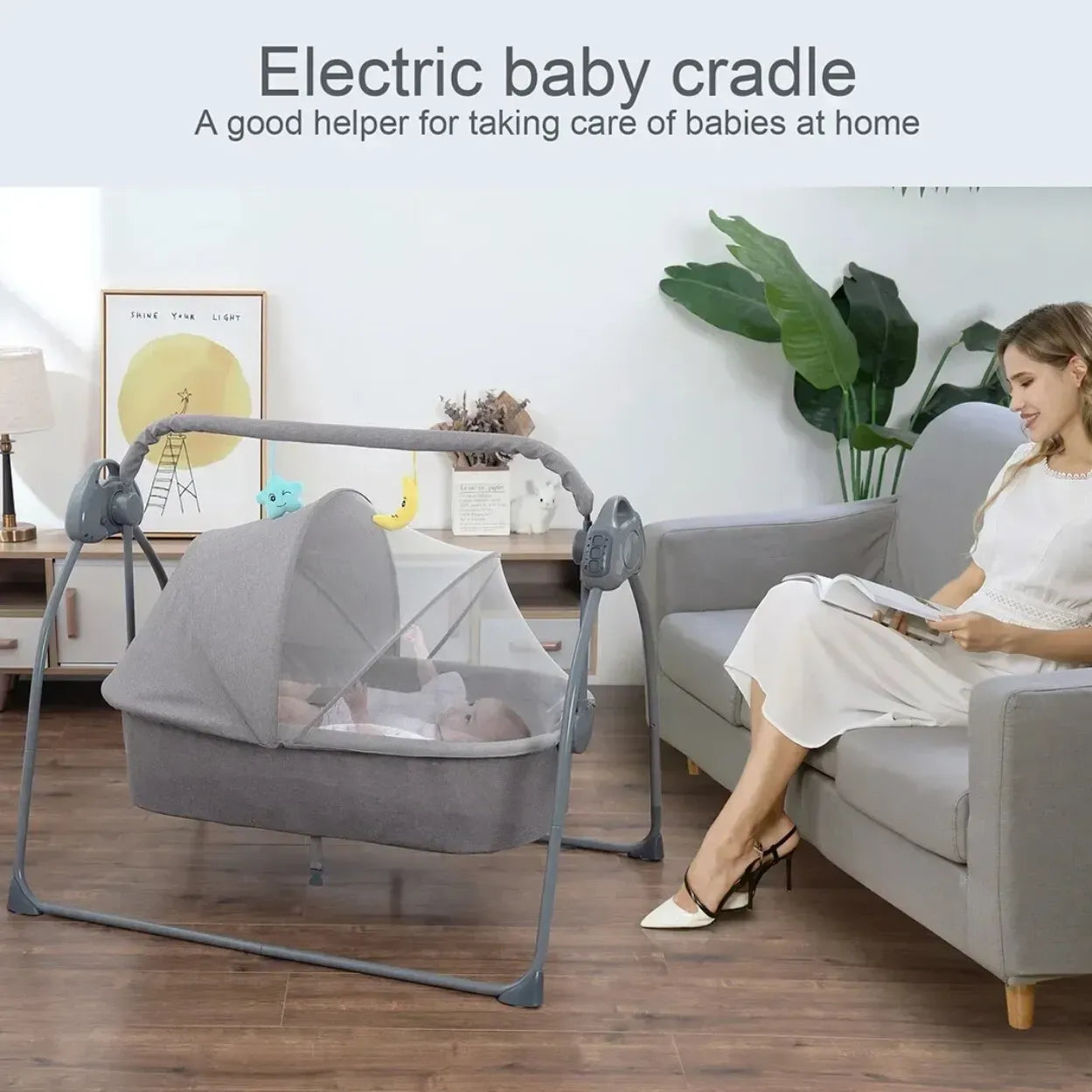 Auto-Swing Electric Baby Crib Cradle in Khaki with Bluetooth and 5 Adjustable Speeds