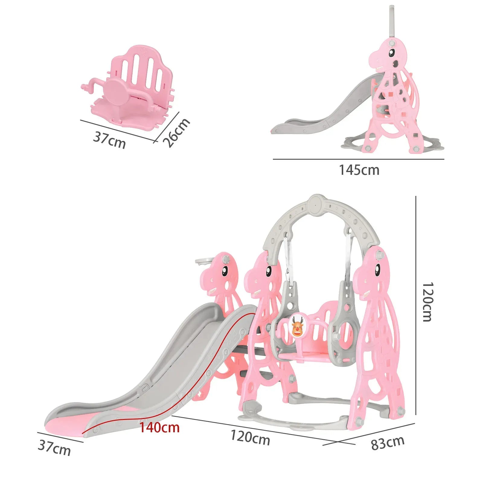 Kids 4 in 1 Slide and Swing Set with Basketball Hoop, Pink, 175x140x115cm