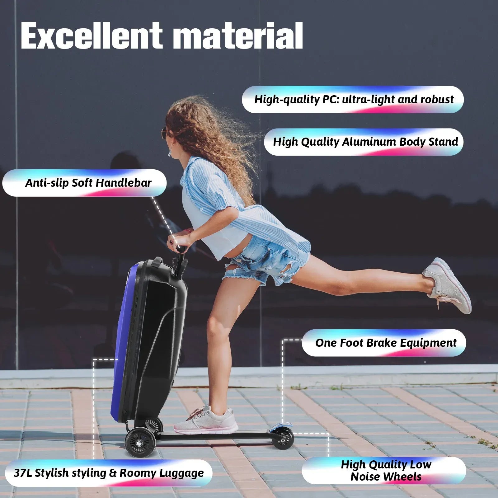 Kids 2-in-1 Foldable Scooter Suitcase Ride-On Luggage in Deep Blue, 37L Capacity