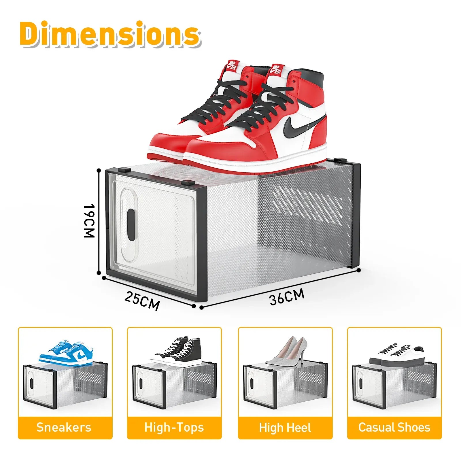 12-Piece Stackable Shoe Storage Box Organiser in Transparent and Black, 36x25x19cm