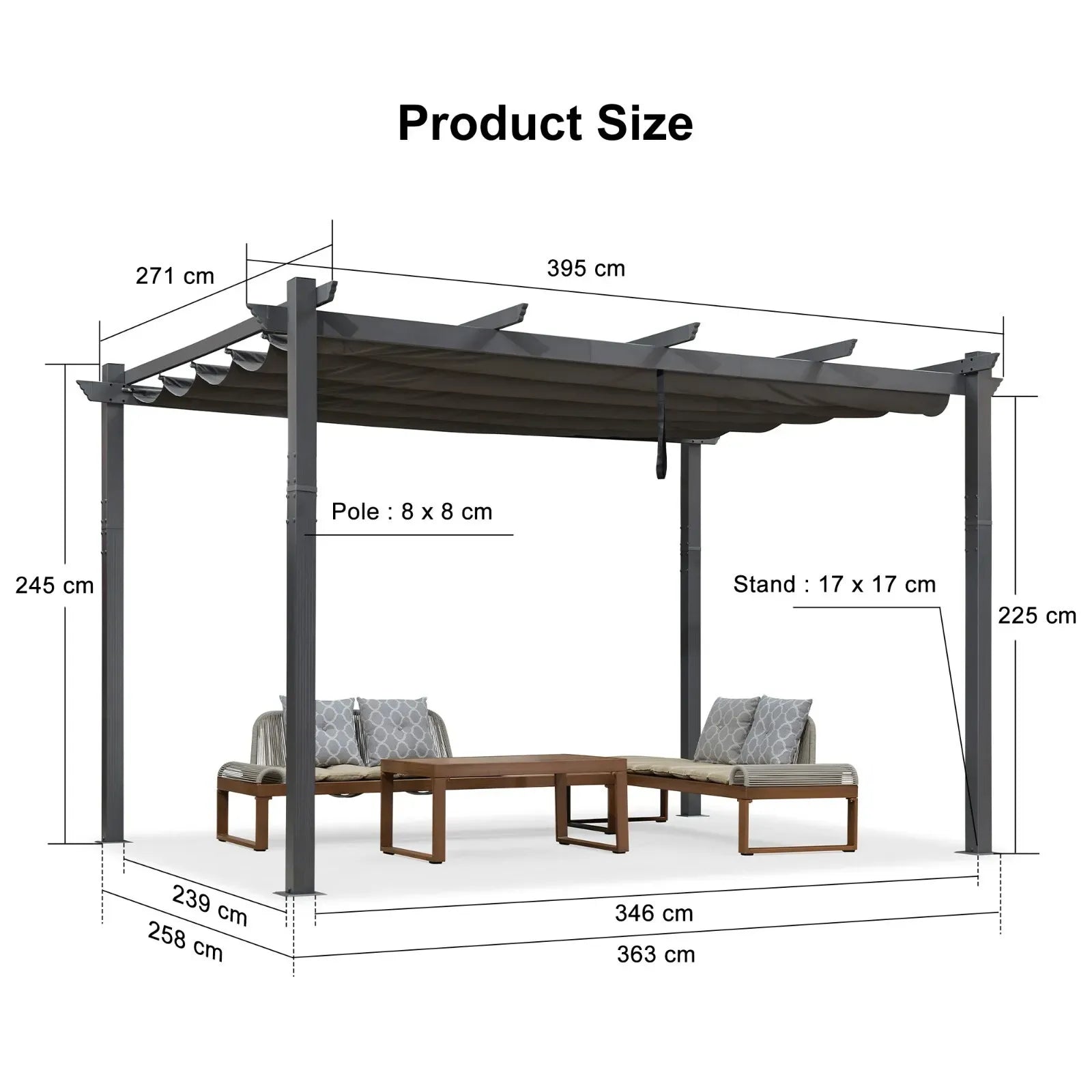 2.7 x 4 M Grey Outdoor Retractable Pergola for Patio