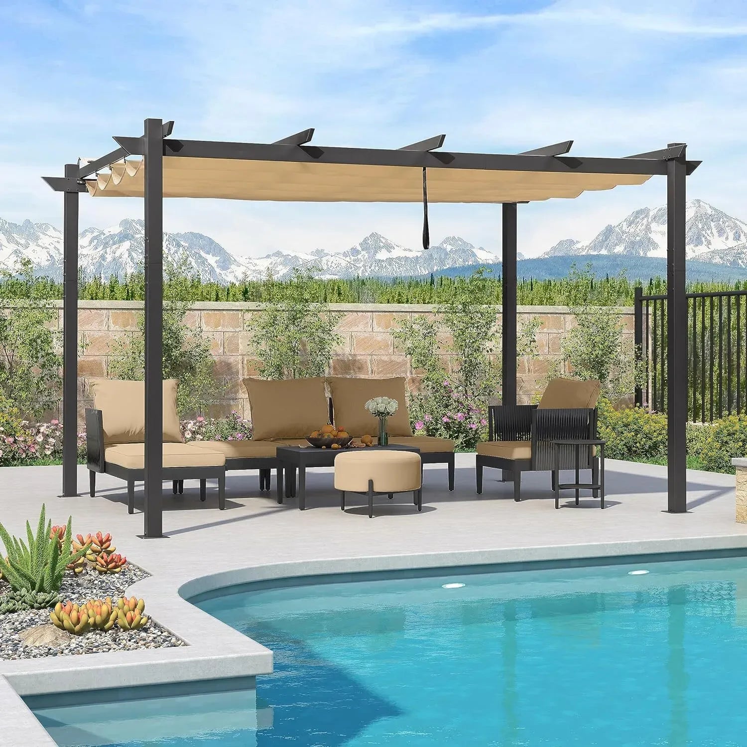 3x4m Beige Outdoor Garden Pergola with Extra Inclined Top Patio Gazebo