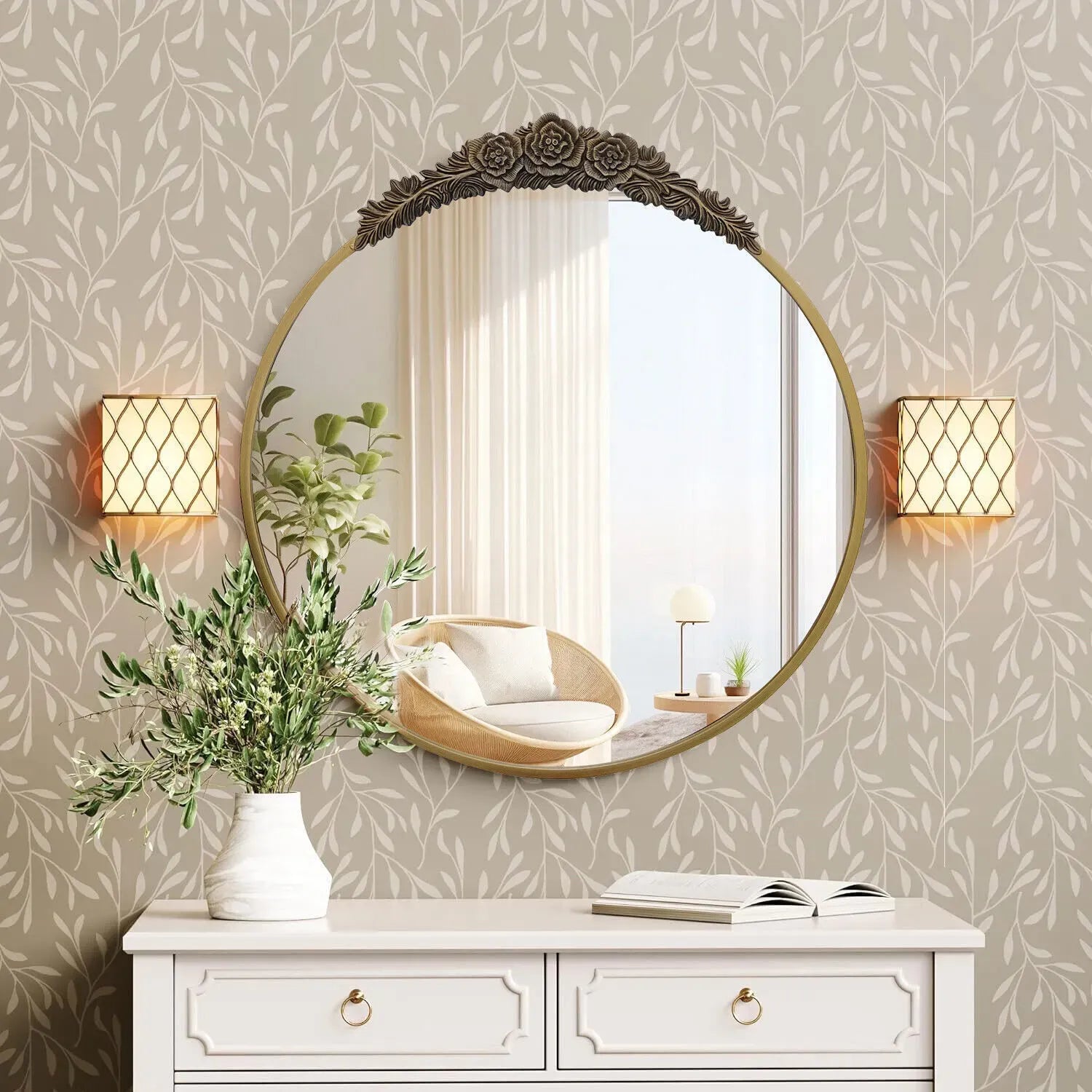 24" Brass Gold Round Baroque Wall Mirror with Embossed Frame