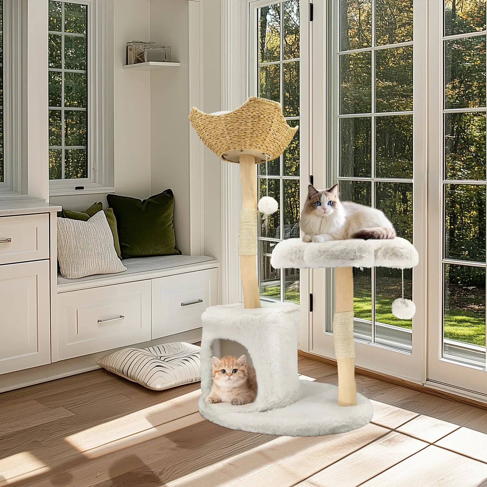 Large Black Real Branch Cat Tree Tower with Plush Condo and Scratching Posts