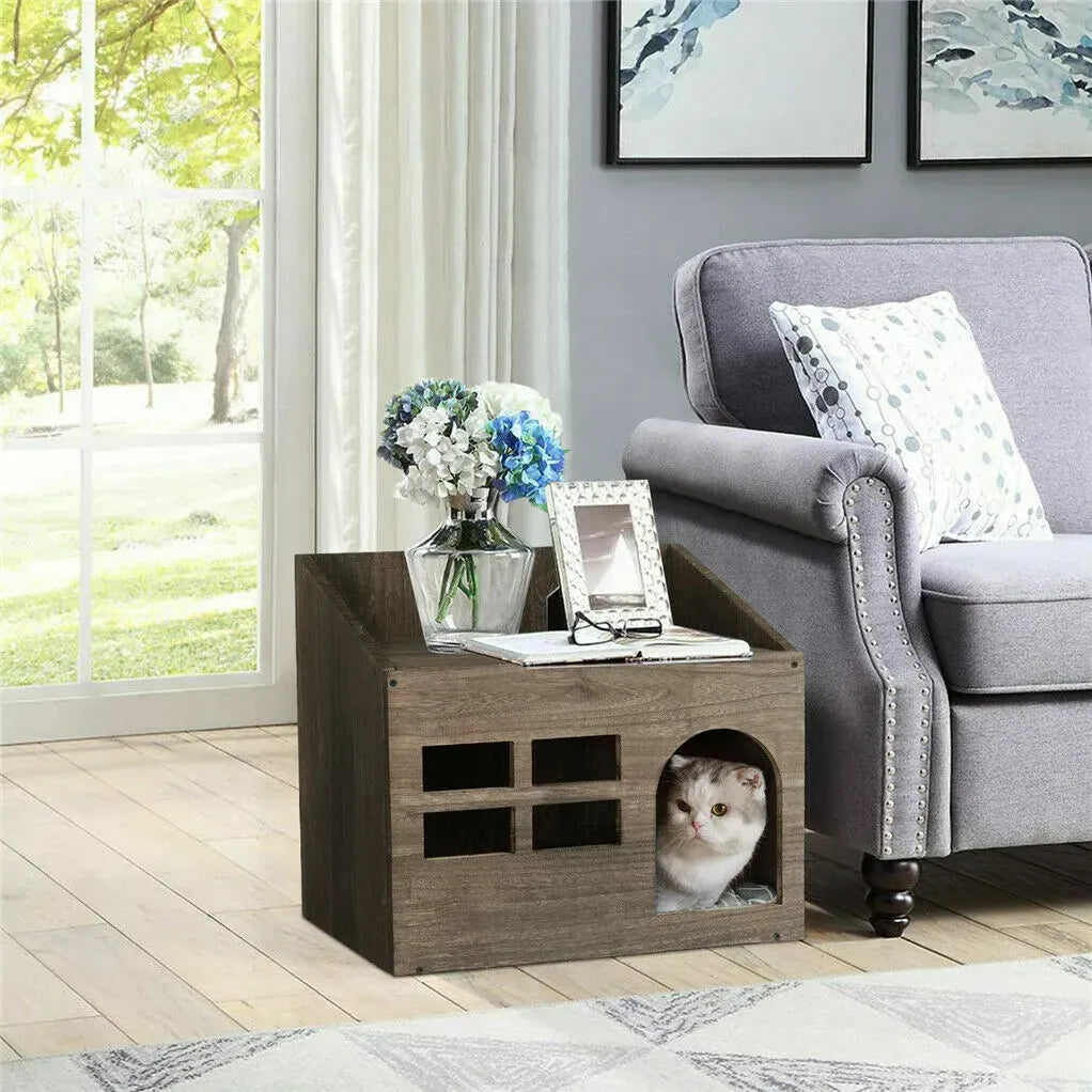 Large Solid Wooden Cat House in Deep Brown with Soft Cushion, 47.3x35x42cm