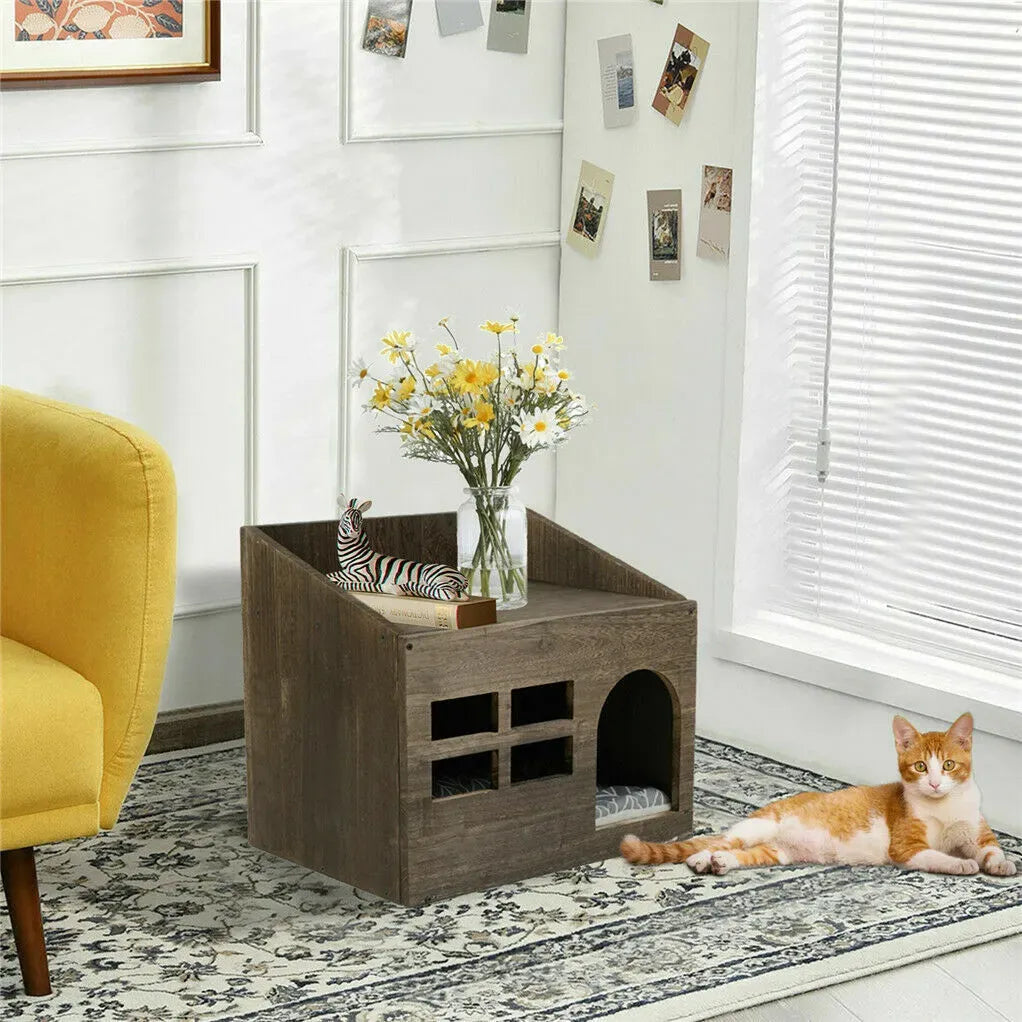 Large Solid Wooden Cat House in Deep Brown with Soft Cushion, 47.3x35x42cm