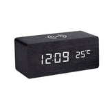 Clocks: Modern Wooden LED Desk Clock with Qi Charger