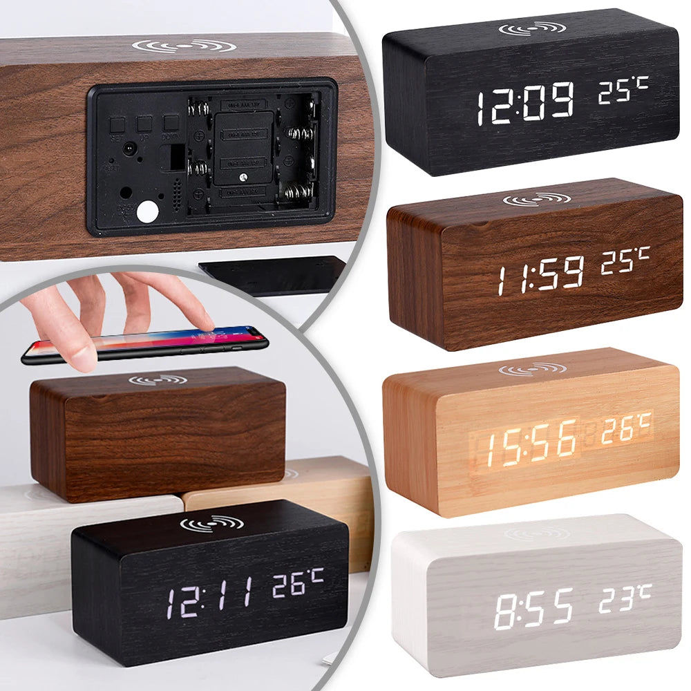 Modern Wooden LED Desk Clock with Qi Charger