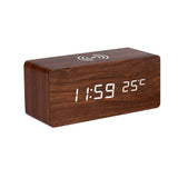 Clocks: Modern Wooden LED Desk Clock with Qi Charger