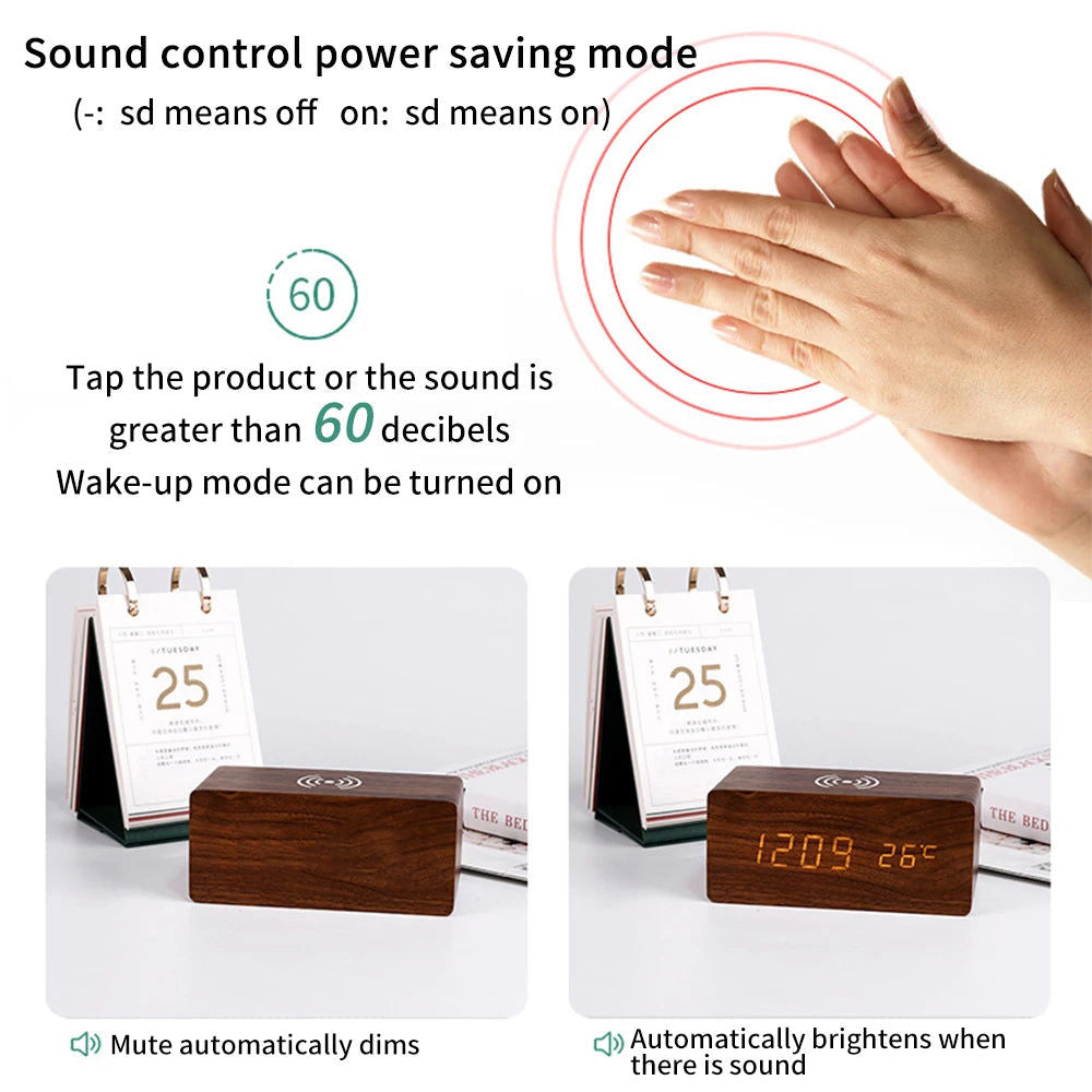 Clocks: Modern Wooden LED Desk Clock with Qi Charger