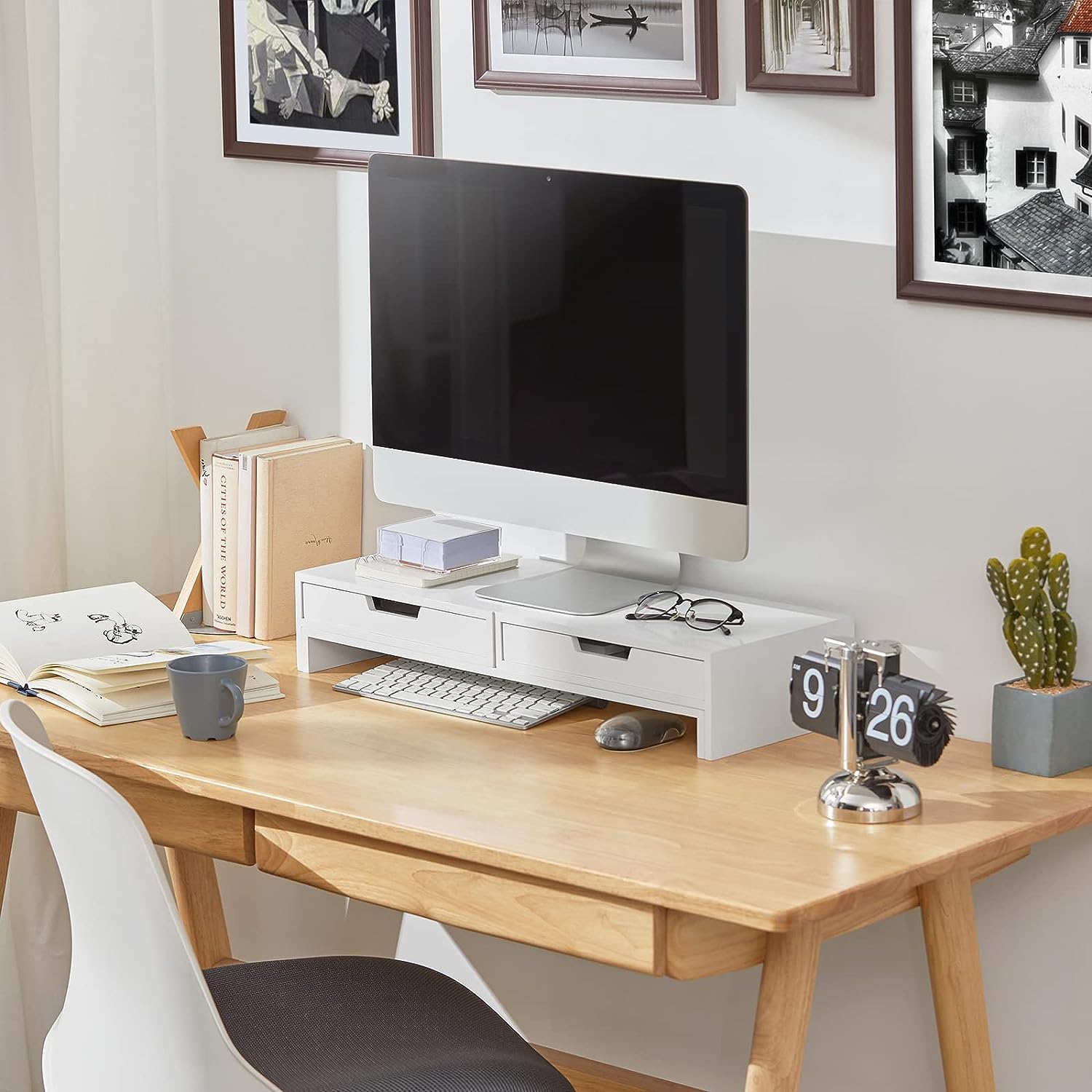 Computer Monitors & Accessories: White Monitor Stand with Drawers