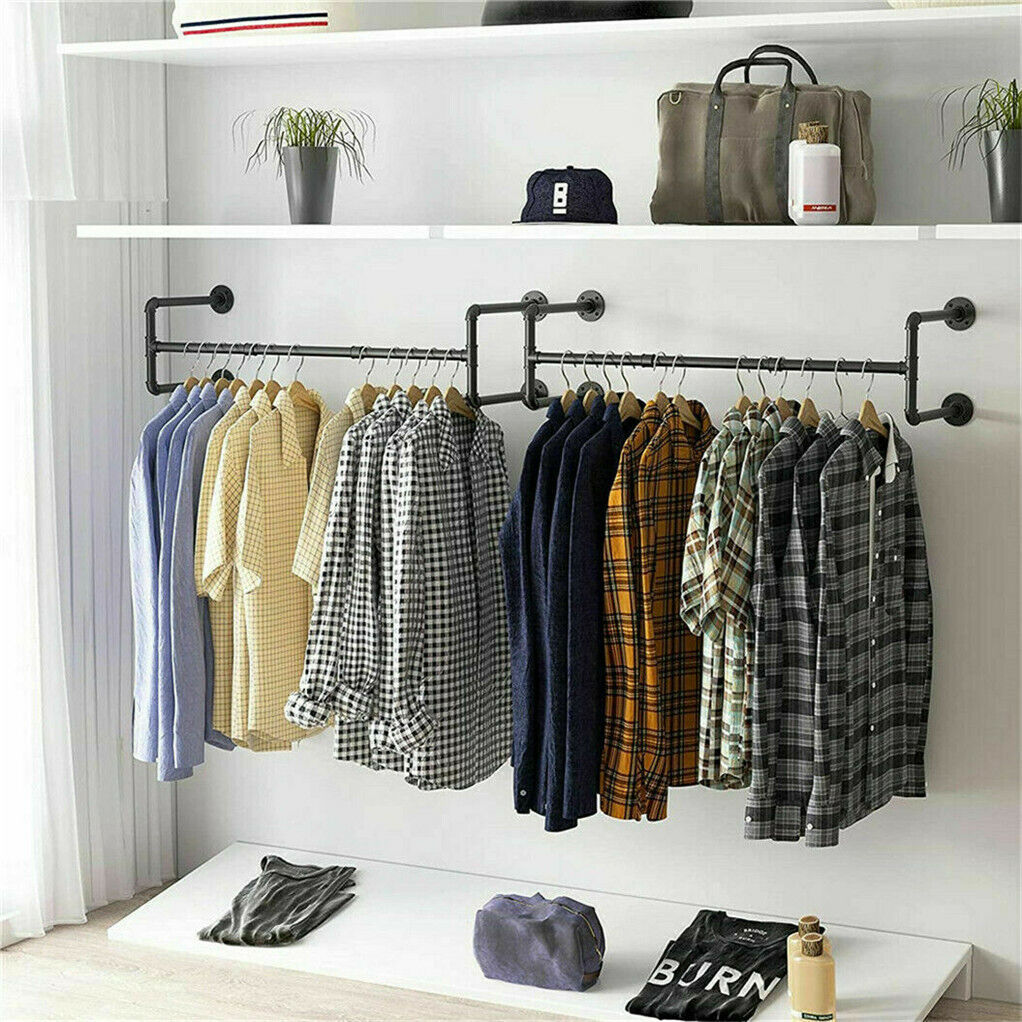 Clothing & Wardrobe Storage: Iron Wall Mounted Clothes Rack with Shelf Garment Display