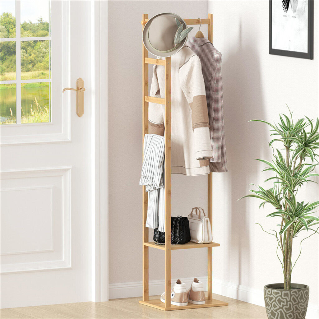 Coat Racks: Bamboo Coat & Hat Rack Stand Shoe Shelf Thicken Wooden Hanger