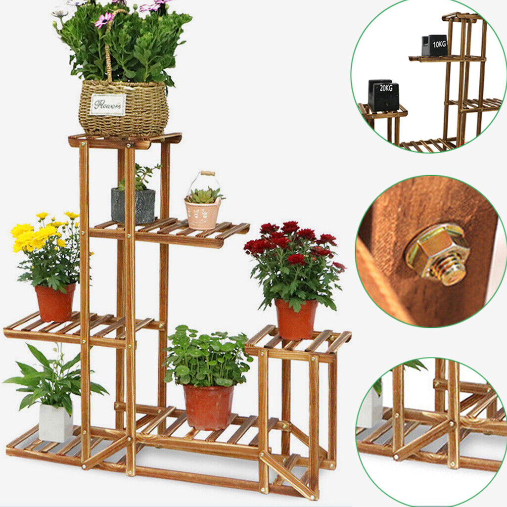 Pots, Planters & Accessories: 5-Tier Wooden Plant Stand Flower Display Shelf Indoor Outdoor Garden