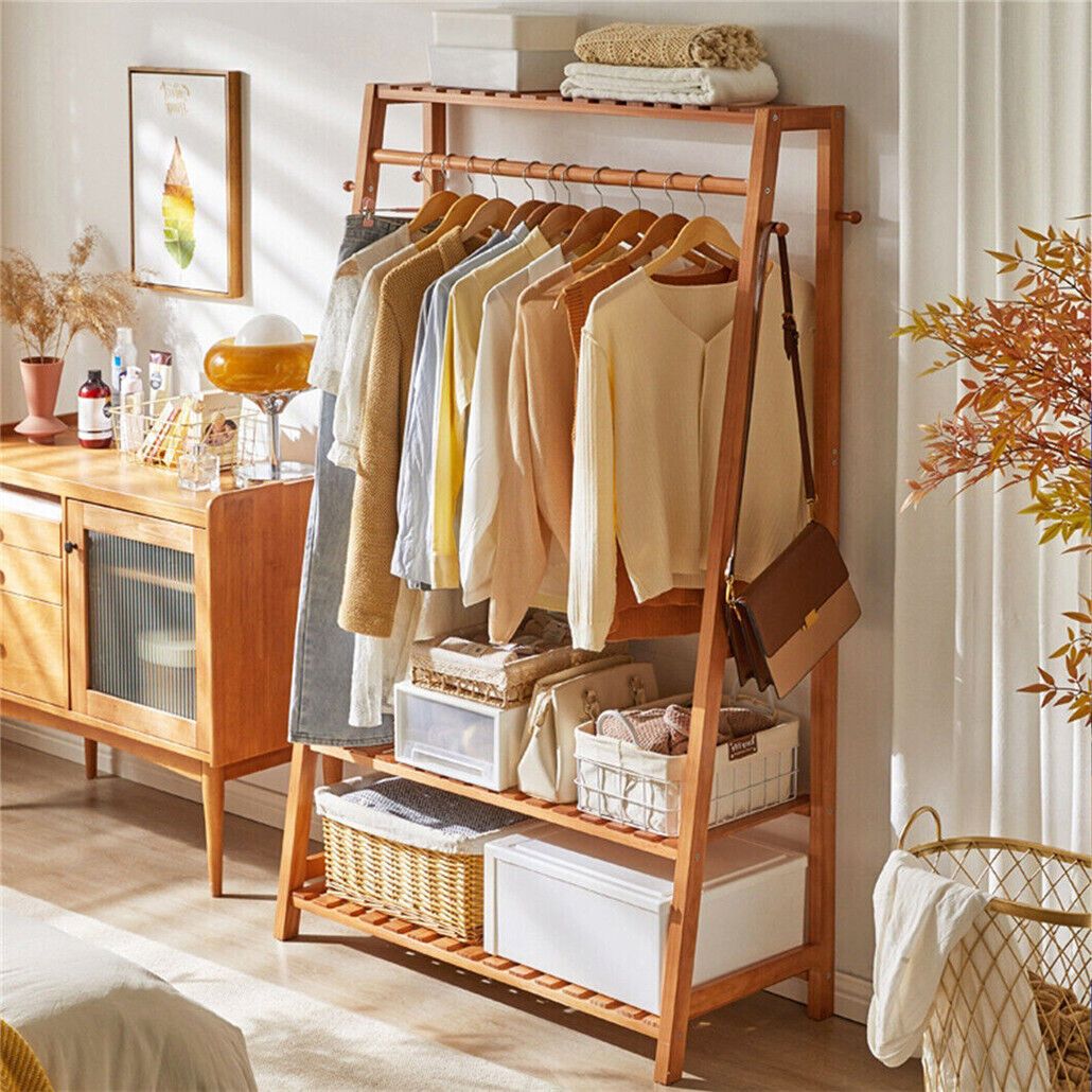 Laundry Storage: Bamboo Garment Rack Portable Laundry Storage Nature -