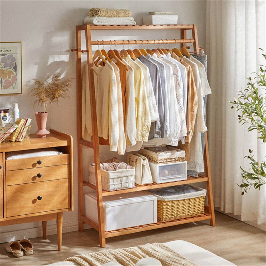 Laundry Storage: Bamboo Garment Rack Portable Laundry Storage Nature -